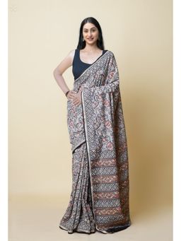 Unnati Silks - Grey Pure Discharge Bagru Printed Pashmina Sico Saree with Unstitched Blouse