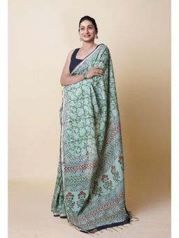 Unnati Silks - Green Pure Discharge Bagru Printed Pashmina Sico Saree with Unstitched Blouse