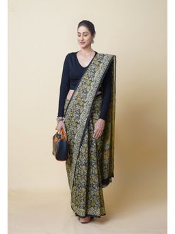Unnati Silks - Green Pure Discharge Bagru Printed Kota Saree with Unstitched Blouse
