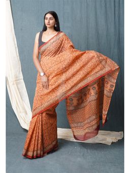 Unnati Silks - Rust Pure Discharge Bagru Printed Kota Saree with Unstitched Blouse