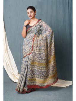 Unnati Silks - Blue Pure Discharge Bagru Printed Kota Saree with Unstitched Blouse