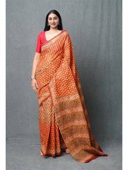 Unnati Silks - Rust Pure Discharge Bagru Printed Kota Saree with Unstitched Blouse