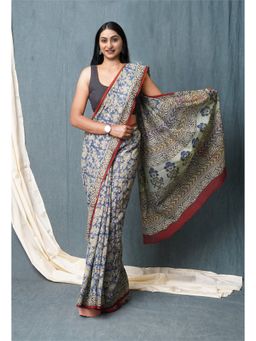 Unnati Silks - Blue Pure Discharge Bagru Printed Kota Saree with Unstitched Blouse