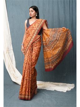 Unnati Silks - Red Pure Discharge Bagru Printed Kota Saree with Unstitched Blouse