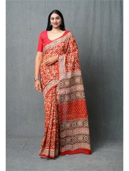 Unnati Silks - Red Pure Bagru Printed Kota Saree with Unstitched Blouse