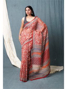 Unnati Silks - Red Pure Bagru Printed Kota Saree with Unstitched Blouse