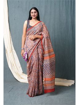 Unnati Silks - Blue Pure Bagru Printed Kota Saree with Unstitched Blouse