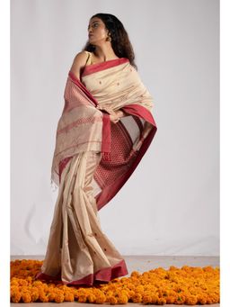 Unnati Silks - Cream Pure Handloom Maheshwari Sico Saree with Unstitched Blouse