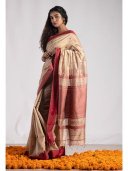 Unnati Silks - Beige Pure Handloom Maheshwari Sico Saree with Unstitched Blouse
