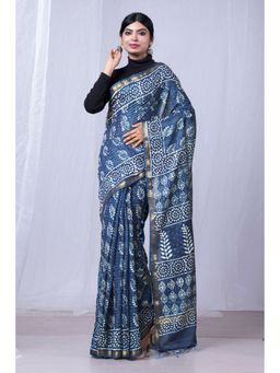 Unnati Silks - Indigo Blue Pure Pashmina Block Printed Sico Saree with Unstitched Blouse