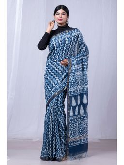 Unnati Silks - Indigo Blue White Pure Pashmina Block Printed Sico Saree with Unstitched Blouse