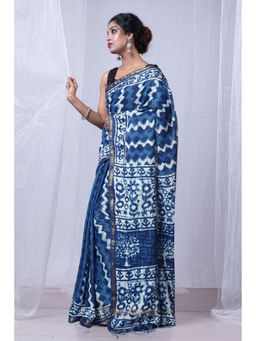 Unnati Silks - Indigo Blue Pure Pashmina Block Printed Sico Saree with Unstitched Blouse