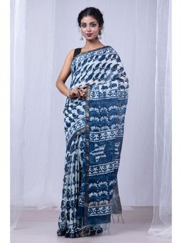 Unnati Silks - Indigo Blue Pure Pashmina Block Printed Sico Saree with Unstitched Blouse