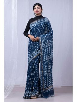 Unnati Silks - Indigo Blue Pure Pashmina Block Printed Sico Saree with Unstitched Blouse