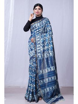 Unnati Silks - Indigo Blue Pure Pashmina Block Printed Sico Saree with Unstitched Blouse