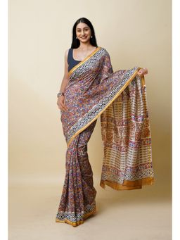 Unnati Silks - Brown Pure Block Printed Sico Saree with Unstitched Blouse