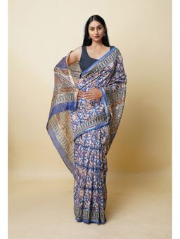 Unnati Silks - Blue Pure Block Printed Sico Saree with Unstitched Blouse