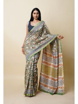 Unnati Silks - Green Pure Block Printed Sico Saree with Unstitched Blouse