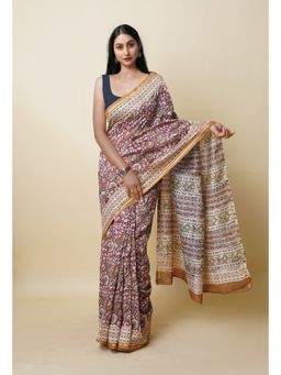 Unnati Silks - Red Pure Block Printed Sico Saree with Unstitched Blouse