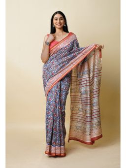 Unnati Silks - Blue Pure Block Printed Sico Saree with Unstitched Blouse