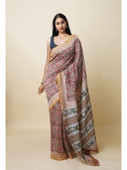 Unnati Silks - Red Pure Block Printed Sico Saree with Unstitched Blouse