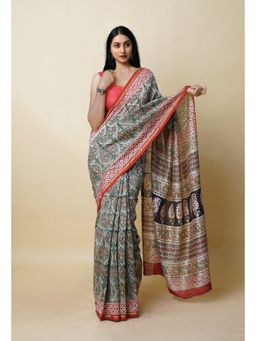 Unnati Silks - Green Pure Block Printed Sico Saree with Unstitched Blouse