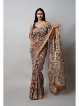 Unnati Silks - Brown Pure Block Printed Sico Saree with Unstitched Blouse