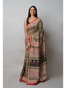Unnati Silks - Green Pure Block Printed Sico Saree with Unstitched Blouse