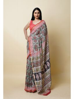Unnati Silks - Green Pure Block Printed Sico Saree with Unstitched Blouse