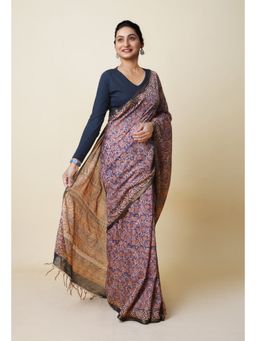 Unnati Silks - Grey Pure Discharge Bagru Printed Pashmina Sico Saree with Unstitched Blouse
