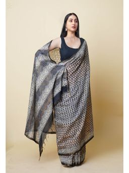 Unnati Silks - Grey Pure Discharge Bagru Printed Pashmina Sico Saree with Unstitched Blouse