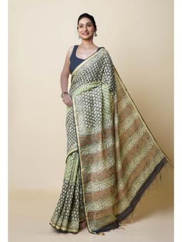 Unnati Silks - Green Pure Discharge Bagru Printed Pashmina Sico Saree with Unstitched Blouse