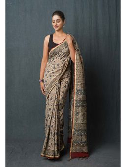 Unnati Silks - Beige Pure Discharge Bagru Printed Pashmina Sico Saree with Unstitched Blouse