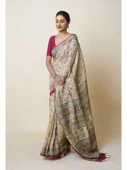 Unnati Silks - Beige Pure Discharge Bagru Printed Pashmina Sico Saree with Unstitched Blouse