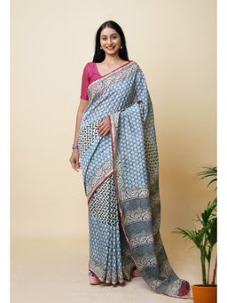 Unnati Silks - Blue Pure Discharge Bagru Printed Pashmina Sico Saree with Unstitched Blouse