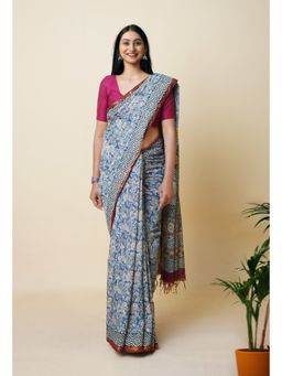 Unnati Silks - Blue Pure Discharge Bagru Printed Pashmina Sico Saree with Unstitched Blouse