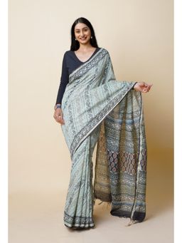 Unnati Silks - Blue Pure Discharge Bagru Printed Pashmina Sico Saree with Unstitched Blouse