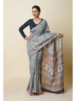Unnati Silks - Green Pure Discharge Bagru Printed Pashmina Sico Saree with Unstitched Blouse