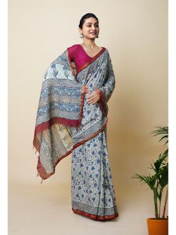 Unnati Silks - Blue Pure Discharge Bagru Printed Pashmina Sico Saree with Unstitched Blouse