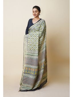 Unnati Silks - Green Pure Discharge Bagru Printed Pashmina Sico Saree with Unstitched Blouse