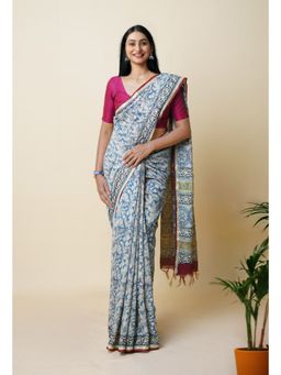 Unnati Silks - Blue Pure Discharge Bagru Printed Pashmina Sico Saree with Unstitched Blouse