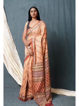 Unnati Silks - Rust Pure Discharge Bagru Printed Pashmina Sico Saree with Unstitched Blouse