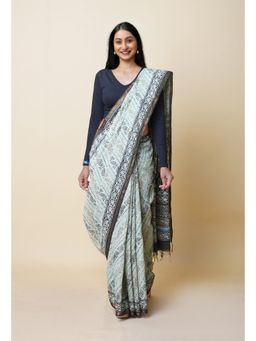 Unnati Silks - Blue Pure Discharge Bagru Printed Pashmina Sico Saree with Unstitched Blouse