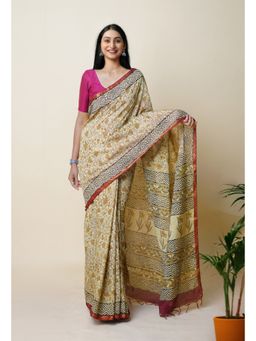 Unnati Silks - Mustard Pure Discharge Bagru Printed Pashmina Sico Saree with Unstitched Blouse