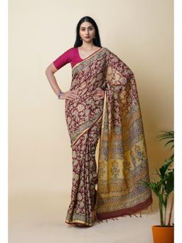 Unnati Silks - Maroon Pure Discharge Bagru Printed Pashmina Sico Saree with Unstitched Blouse