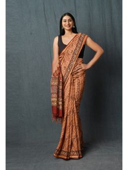Unnati Silks - Rust Pure Discharge Bagru Printed Pashmina Sico Saree with Unstitched Blouse