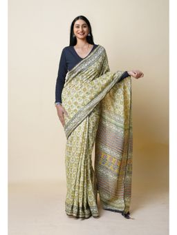 Unnati Silks - Green Pure Discharge Bagru Printed Pashmina Sico Saree with Unstitched Blouse