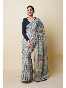Unnati Silks - Blue Pure Discharge Bagru Printed Pashmina Sico Saree with Unstitched Blouse