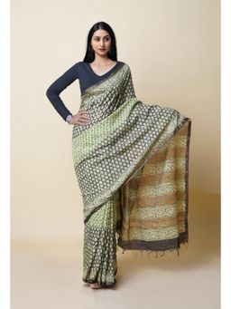 Unnati Silks - Green Pure Discharge Bagru Printed Pashmina Sico Saree with Unstitched Blouse