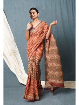 Unnati Silks - Rust Pure Discharge Bagru Printed Pashmina Sico Saree with Unstitched Blouse